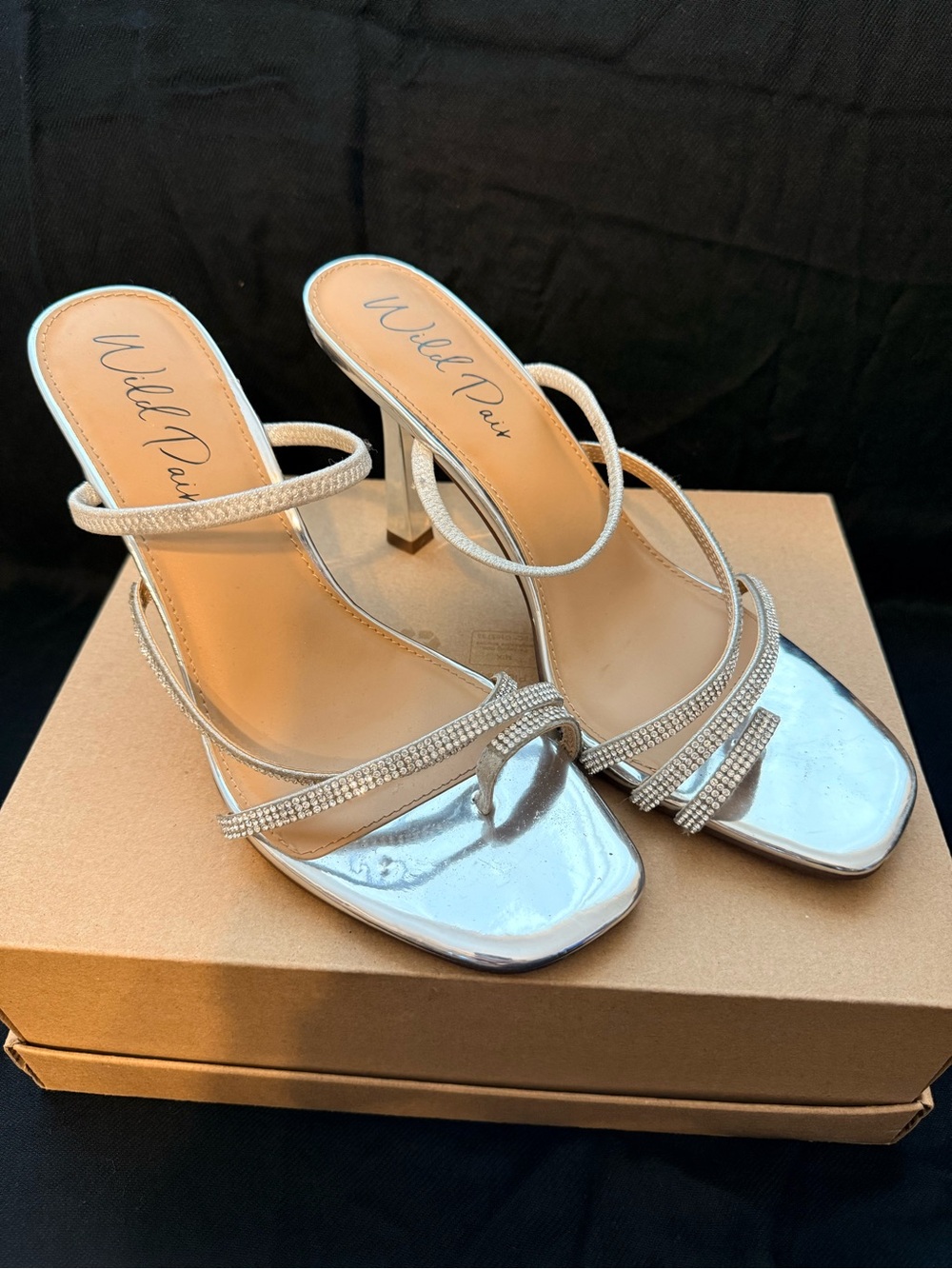 Wild Pair Silver Strappy Rhinestone Mid-Heel Sandals